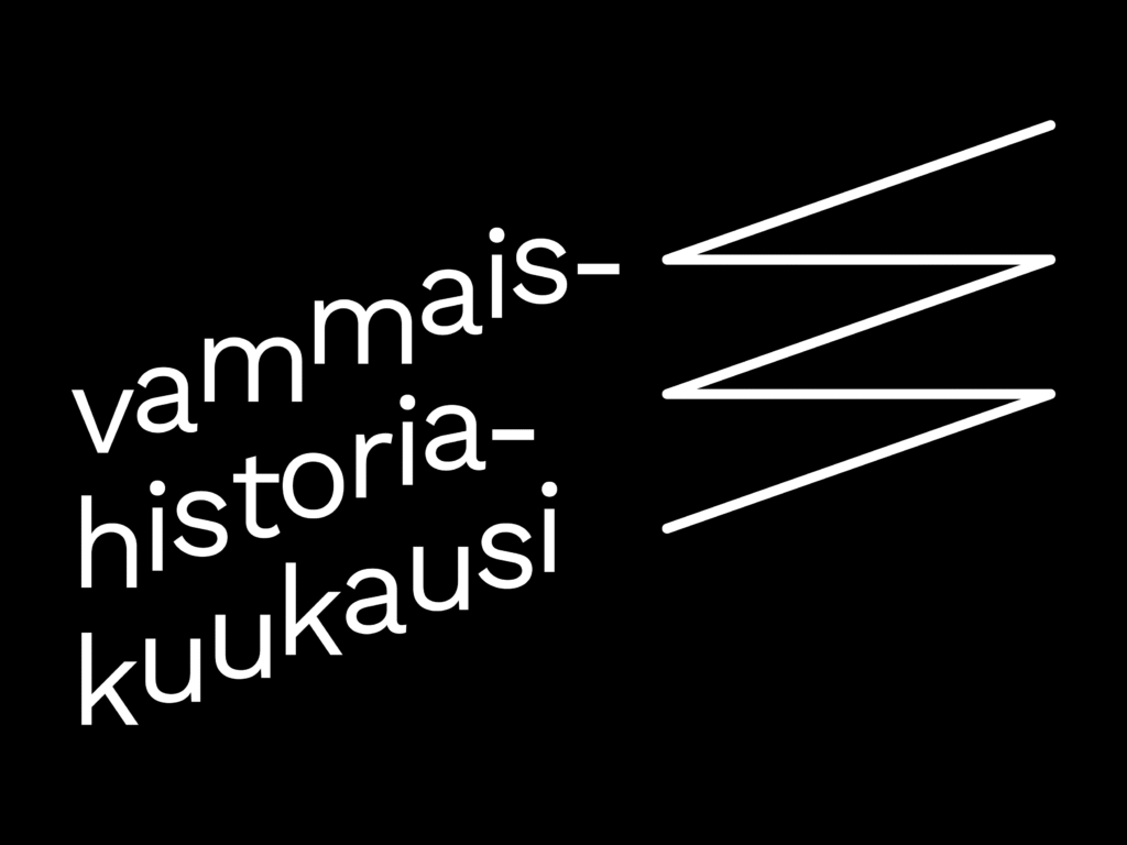 Valkoinen vammaishistoriakuukauden logo mustalla taustalla.